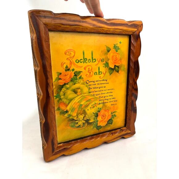 Vintage 1970's Rockabye Baby Wooden Plaque Frame Nursery Art Wall Decor 9"x11" - Picture 9 of 9
